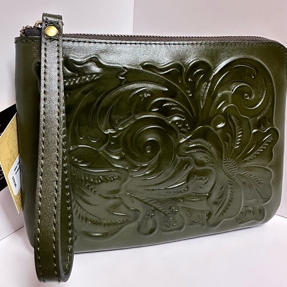 Patricia Nash Large Wrislet, Olive Green with Embossed Floral Design, NWT - Picture 2 of 5